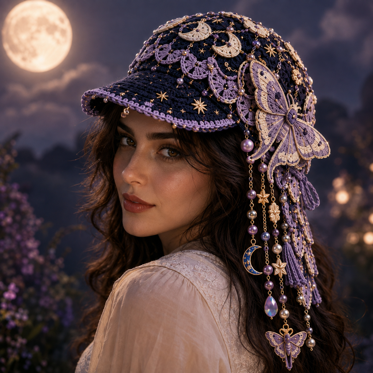 Moon Moth Lunar crochet cap worn at night
