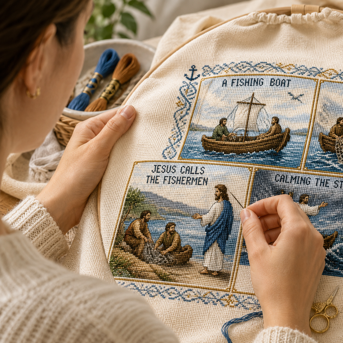 Stitching Bible scene by hand
