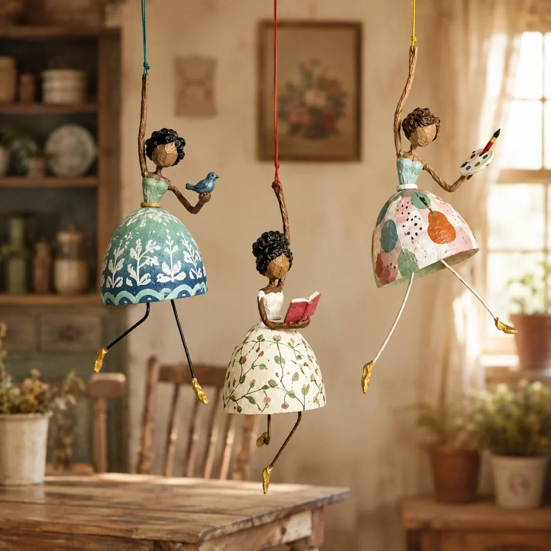 Group of Whimsical Dancing Lady hanging ornaments in vintage interior