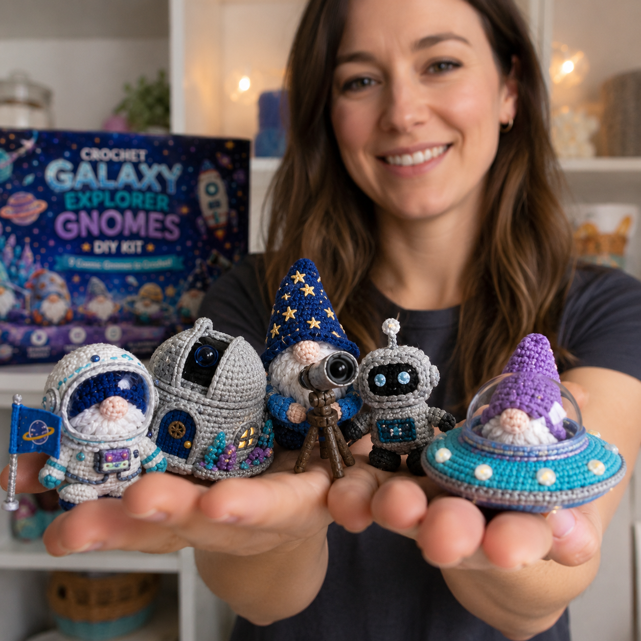 Finished Galaxy Explorer Gnomes crochet characters