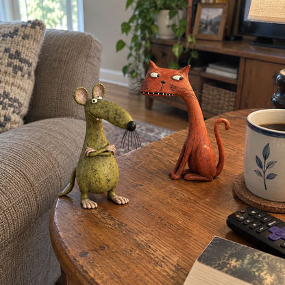 The Odd Couple™ Vintage Cat & Mouse Figurines – Quirky Rustic Home Decor