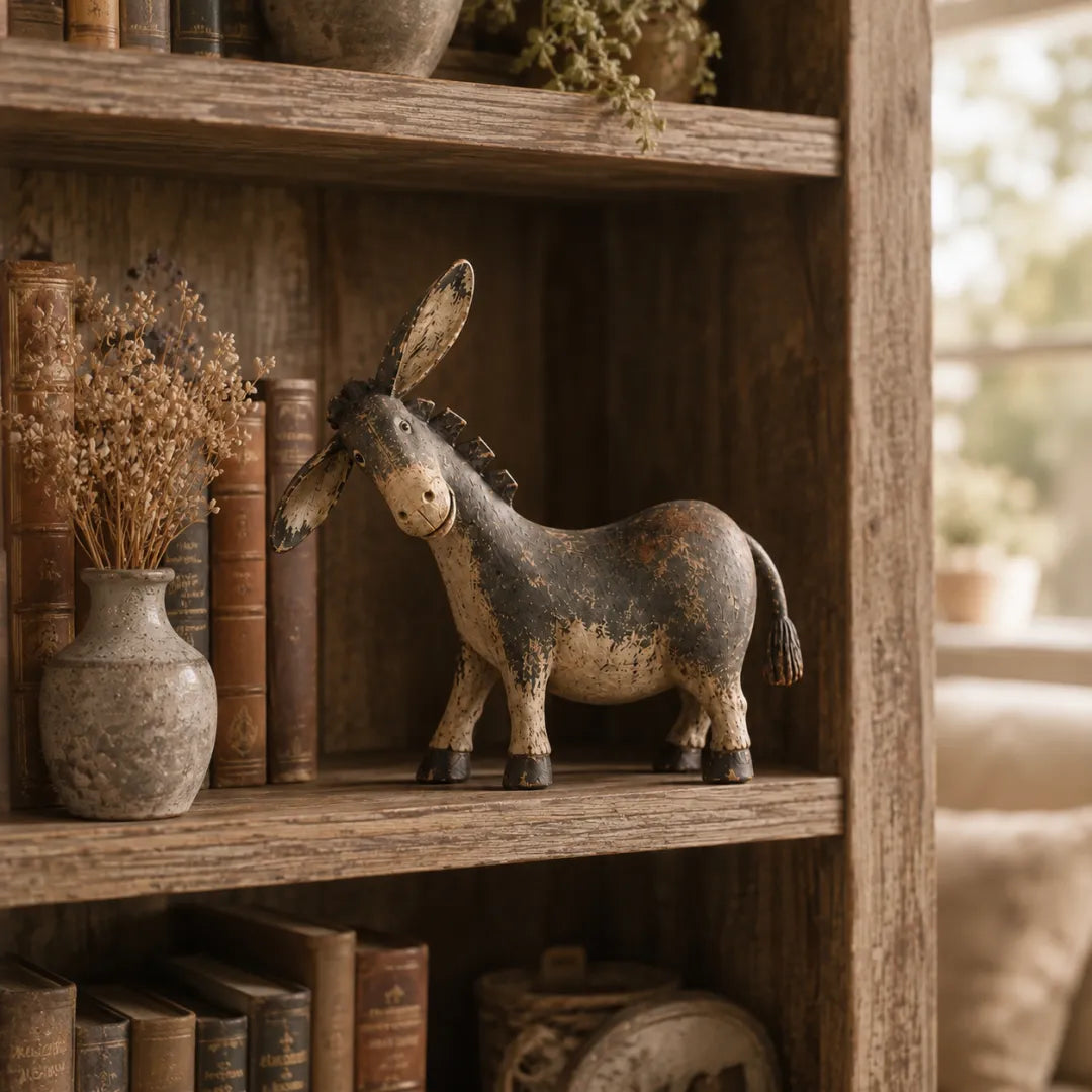 Rustic donkey figurine displayed on farmhouse bookshelf