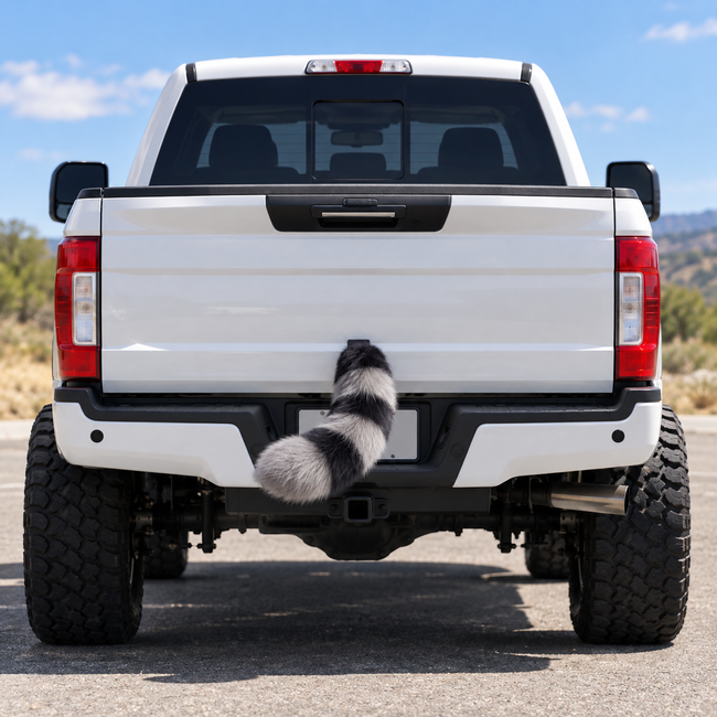 Striped gray and black tail on the rear of a white pickup