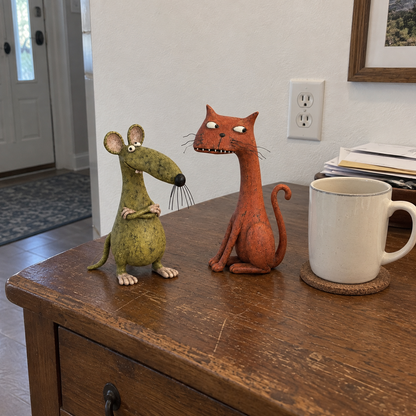 The Odd Couple™ Vintage Cat & Mouse Figurines – Quirky Rustic Home Decor