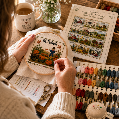 🧵 A Year in Stitches | 12-Month Seasonal Cross Stitch Kit 🌿