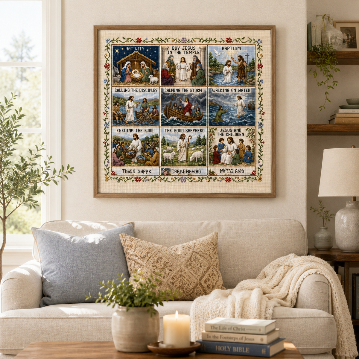 Framed Life of Jesus cross stitch wall art