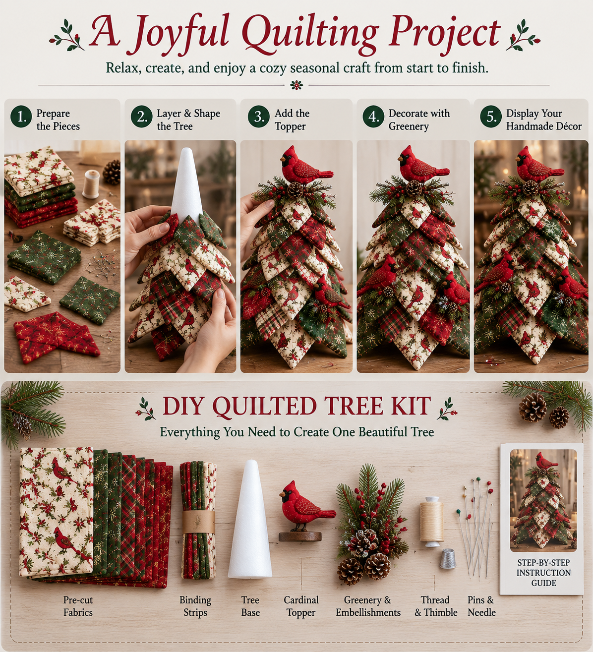 DIY Quilted Bird Christmas Tree Kit 🎄 | Handmade 3D Fabric Holiday Decoration with Cardinal, Hummingbird & Woodland Bird Designs