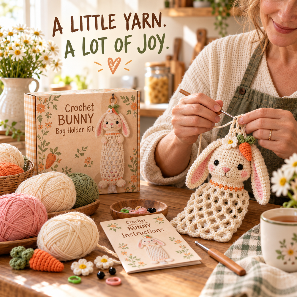 Woman crocheting a bunny bag holder using yarn, a hook, and a craft instruction booklet