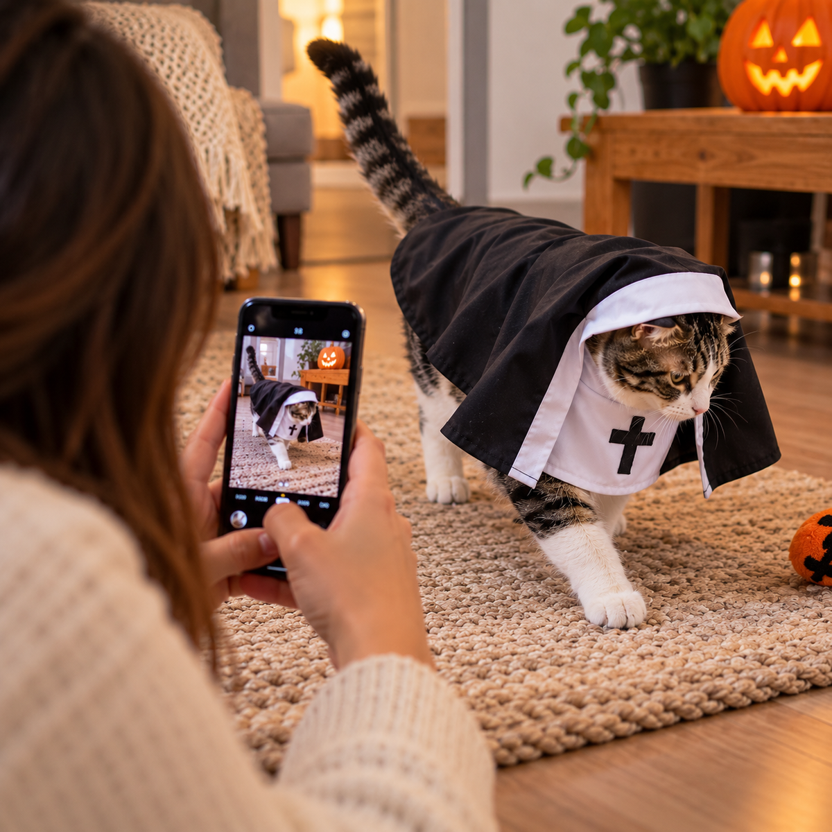Pet wearing Holy Mischief Halloween costume while owner takes a photo