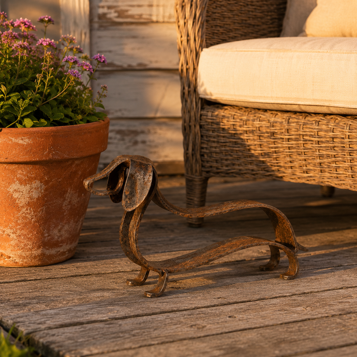 Rustic Dachshund sculpture display detail