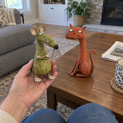 The Odd Couple™ Vintage Cat & Mouse Figurines – Quirky Rustic Home Decor