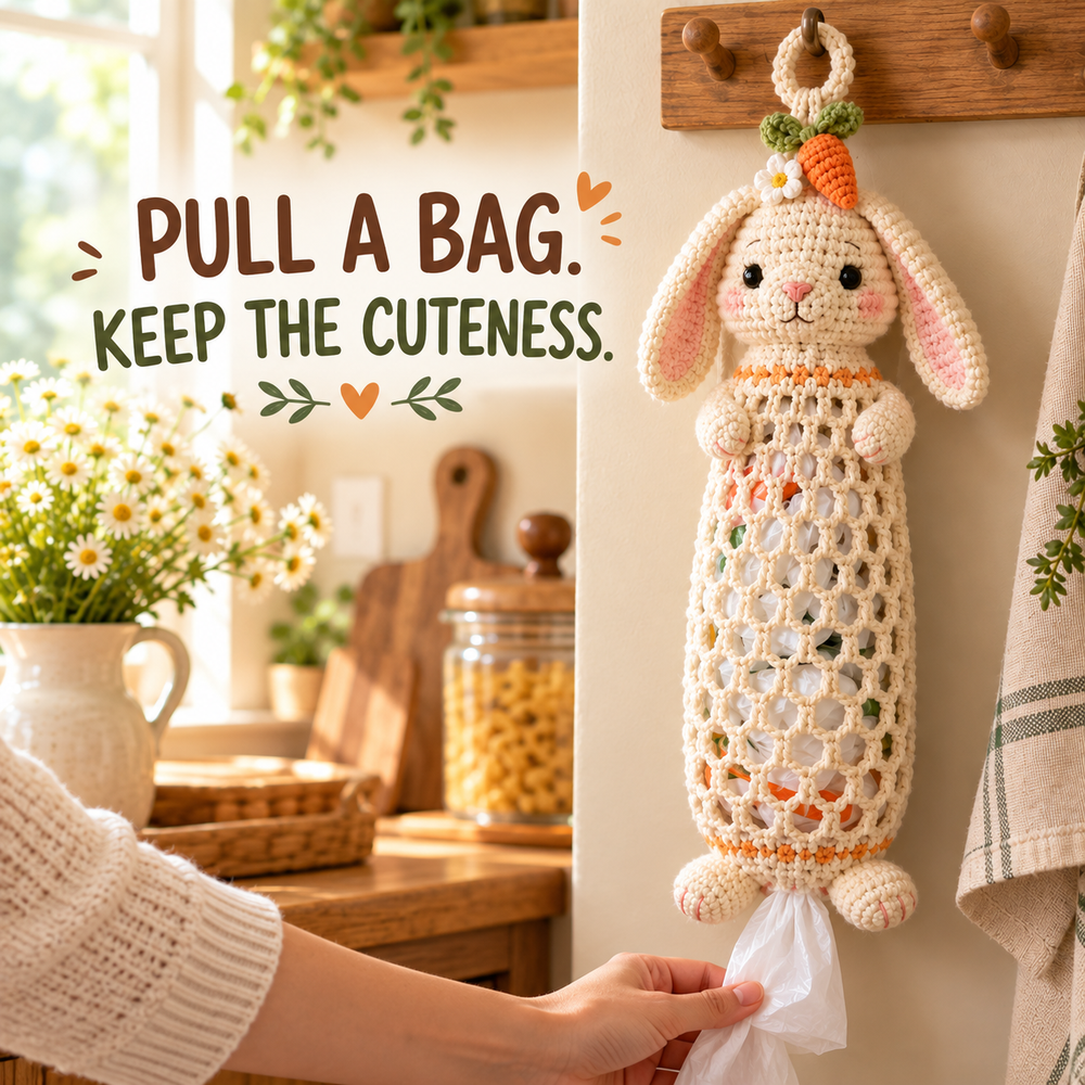 Bunny crochet bag dispenser with a hand pulling a grocery bag through the bottom opening