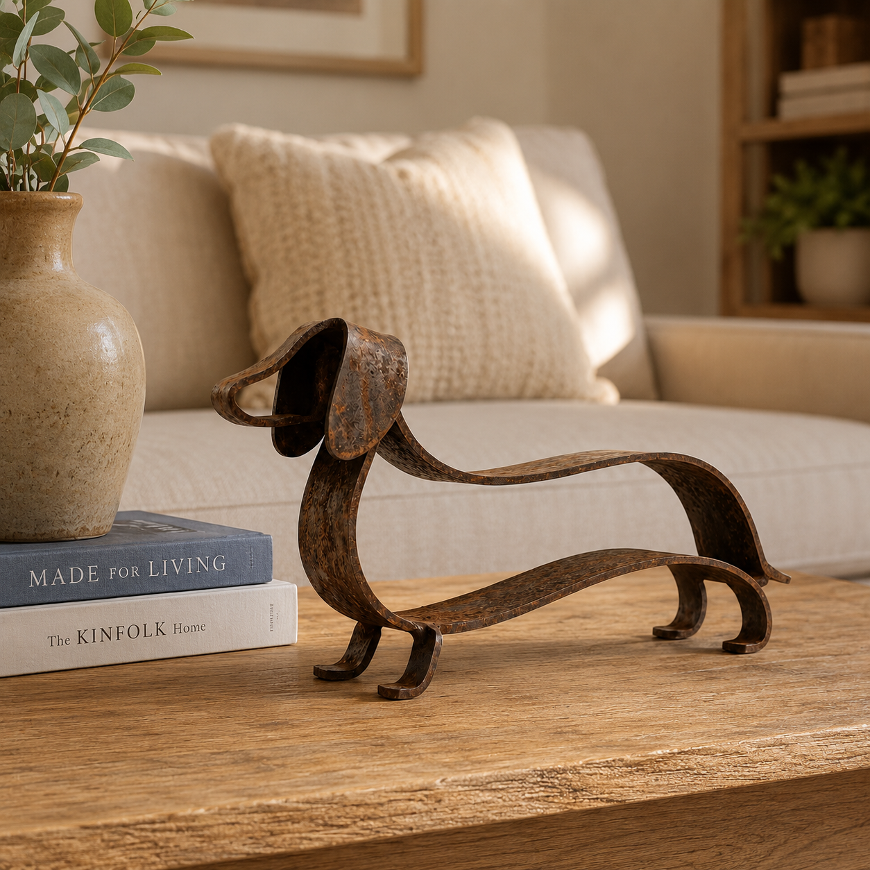 Rustic Dachshund metal sculpture displayed indoors