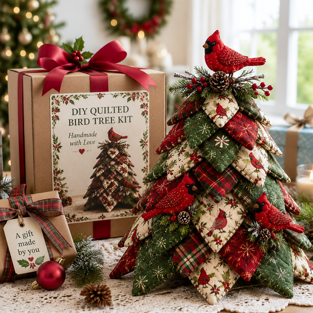 DIY Quilted Bird Christmas Tree Kit 🎄 | Handmade 3D Fabric Holiday Decoration with Cardinal, Hummingbird & Woodland Bird Designs