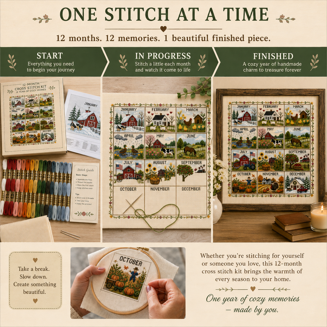 🧵 A Year in Stitches | 12-Month Seasonal Cross Stitch Kit 🌿
