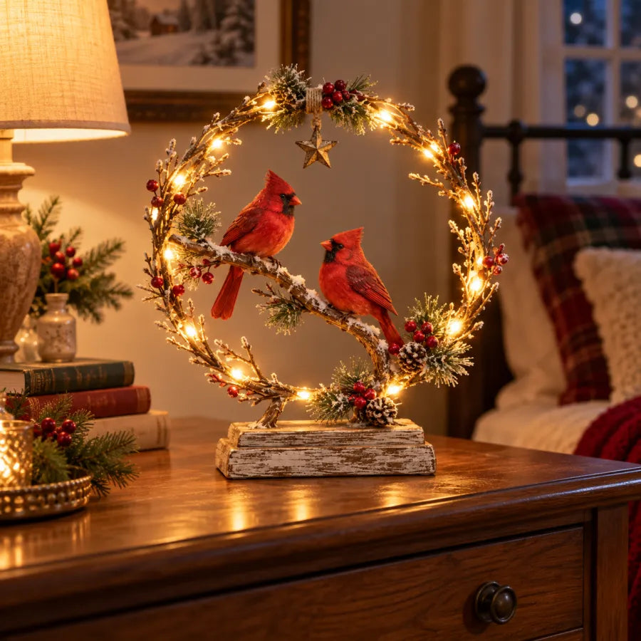 🔥🎁Lighted Cardinal Tabletop Decor, Rustic Red Cardinal Pair with Warm LED Lights