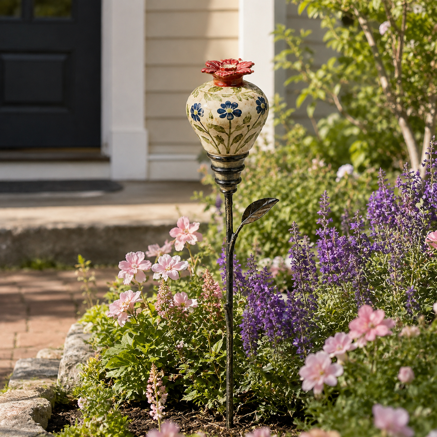 Blue Floral Pattern ceramic hummingbird feeder