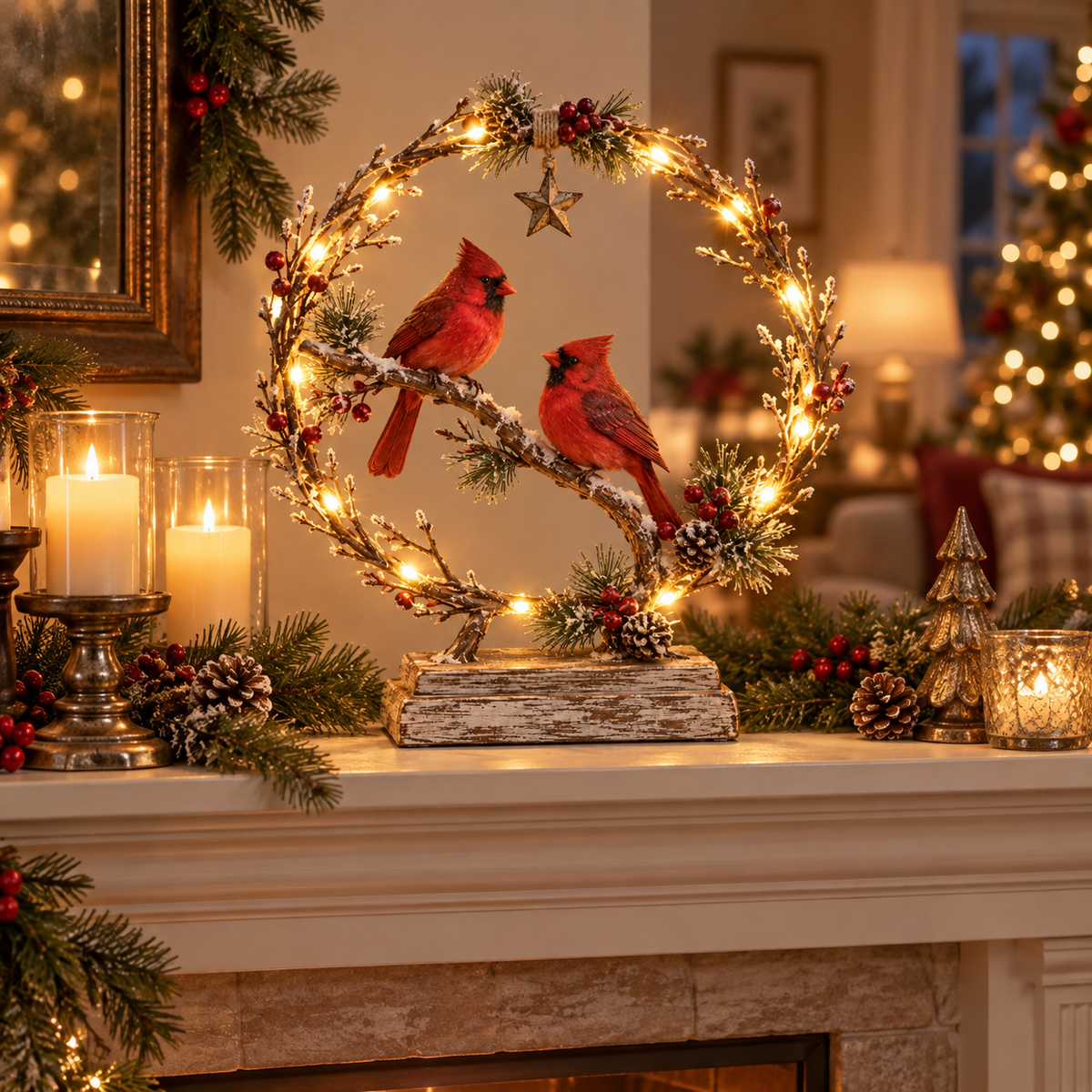 🔥🎁Lighted Cardinal Tabletop Decor, Rustic Red Cardinal Pair with Warm LED Lights