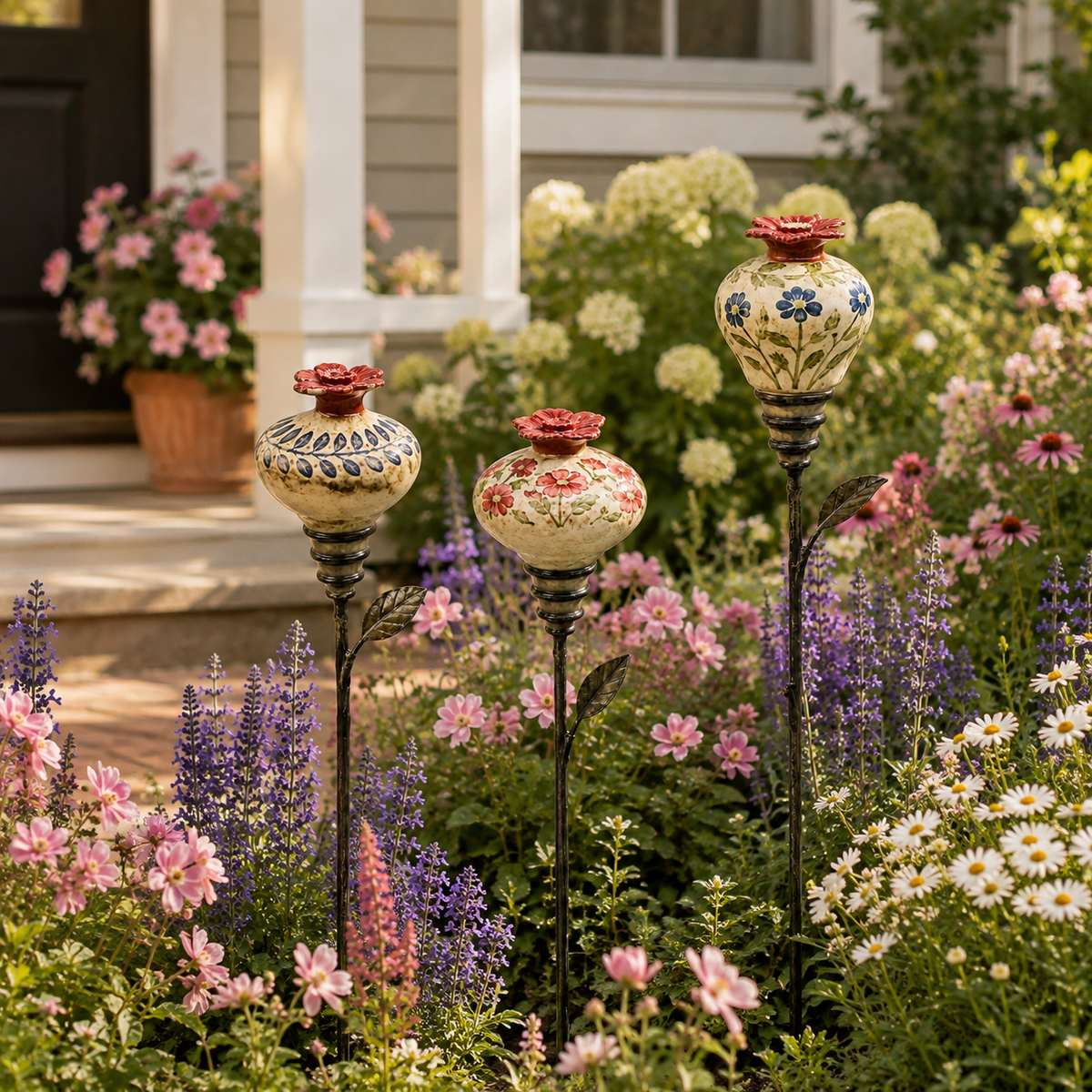 Several ceramic hummingbird feeder garden stakes displayed together