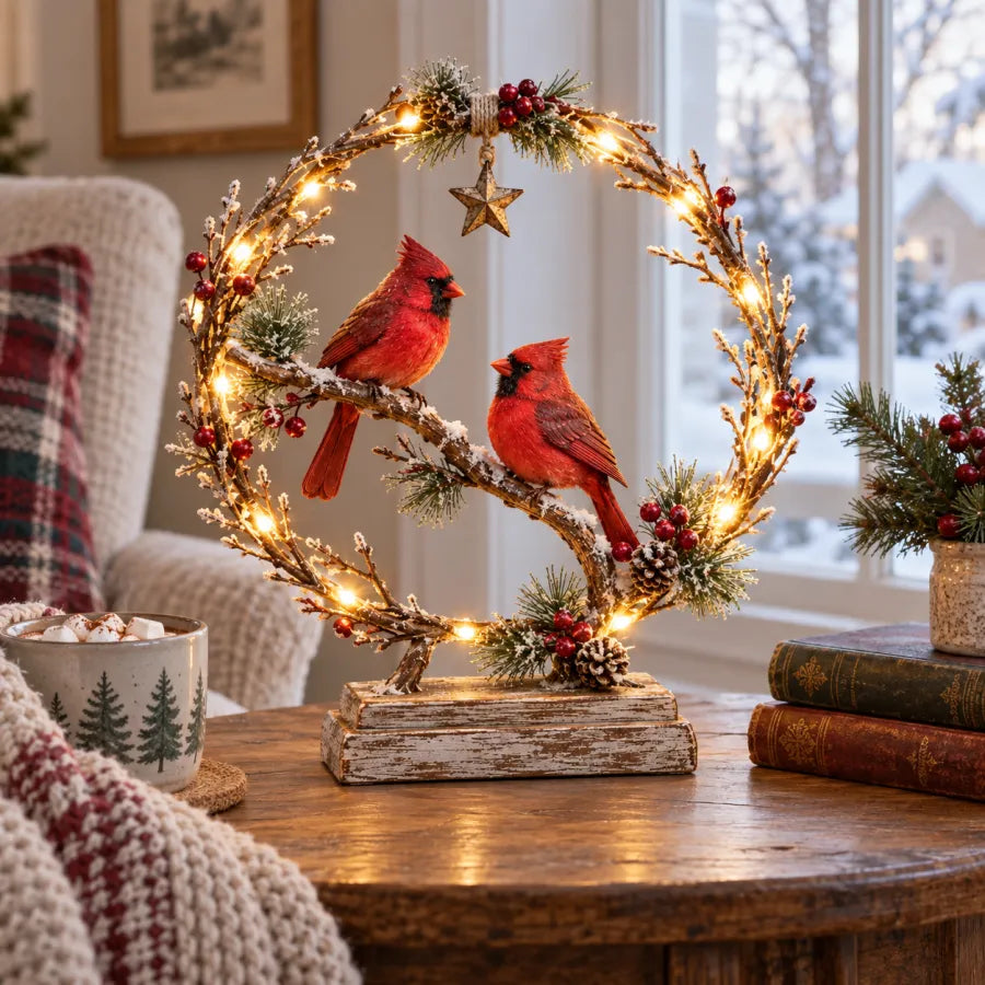 🔥🎁Lighted Cardinal Tabletop Decor, Rustic Red Cardinal Pair with Warm LED Lights