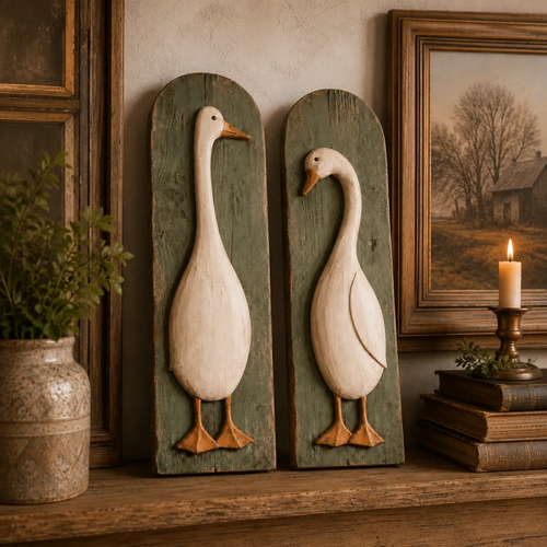 🪿 Rustic Farmhouse Goose Wall Art Set of 2 | Handcrafted Vintage Country Home Decor