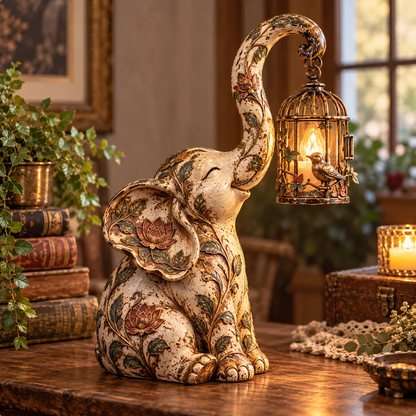 🏮🐘 Vintage Elephant Lantern Statue – Boho Floral Elephant Decor with Warm Hanging Light