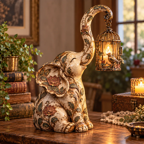 🏮🐘 Vintage Elephant Lantern Statue – Boho Floral Elephant Decor with Warm Hanging Light