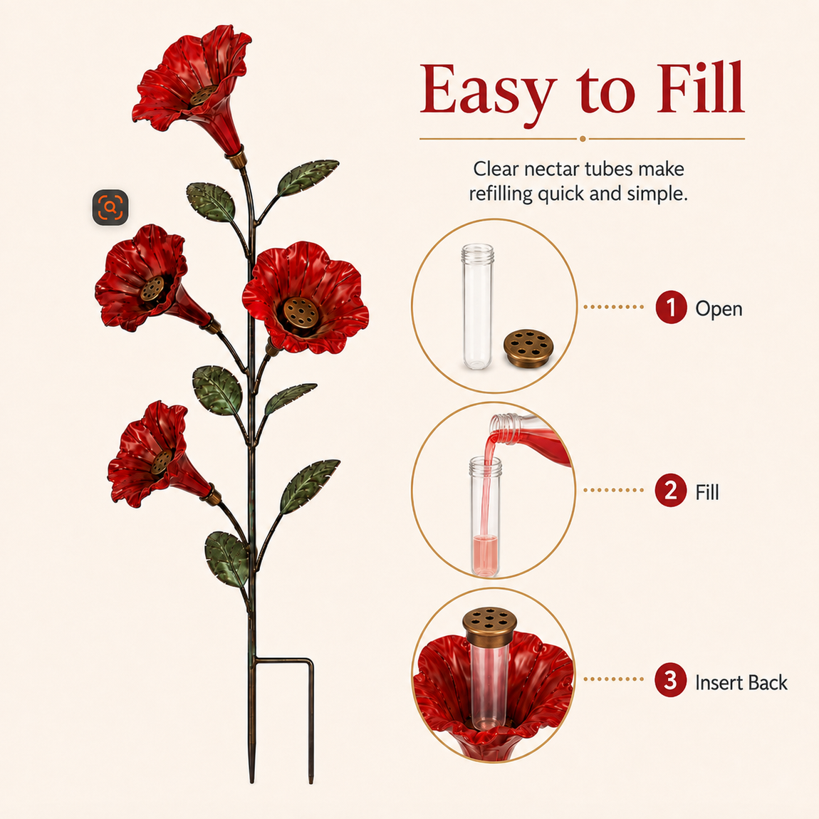 Easy fill clear nectar tube instructions for red flower hummingbird feeder