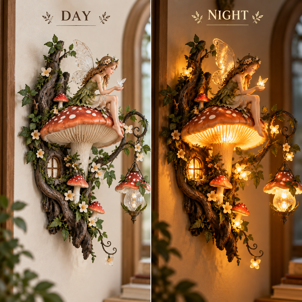 Fairy mushroom wall light day and night comparison