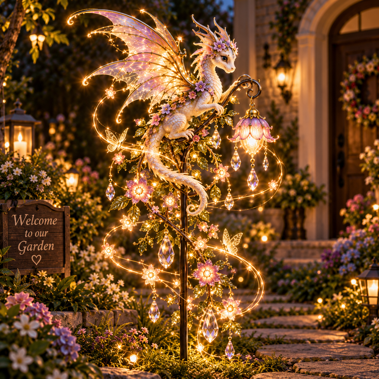 Enchanted Garden Dragon Light glowing in a flower garden