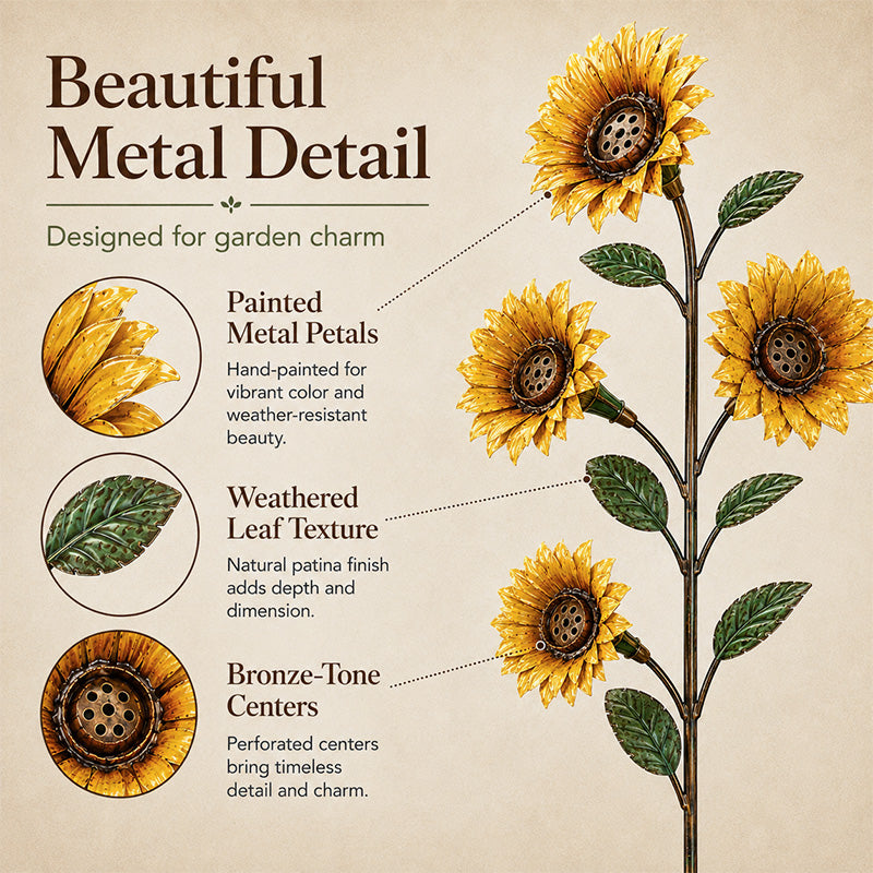Painted metal sunflower petals weathered leaves and bronze-tone feeding center details