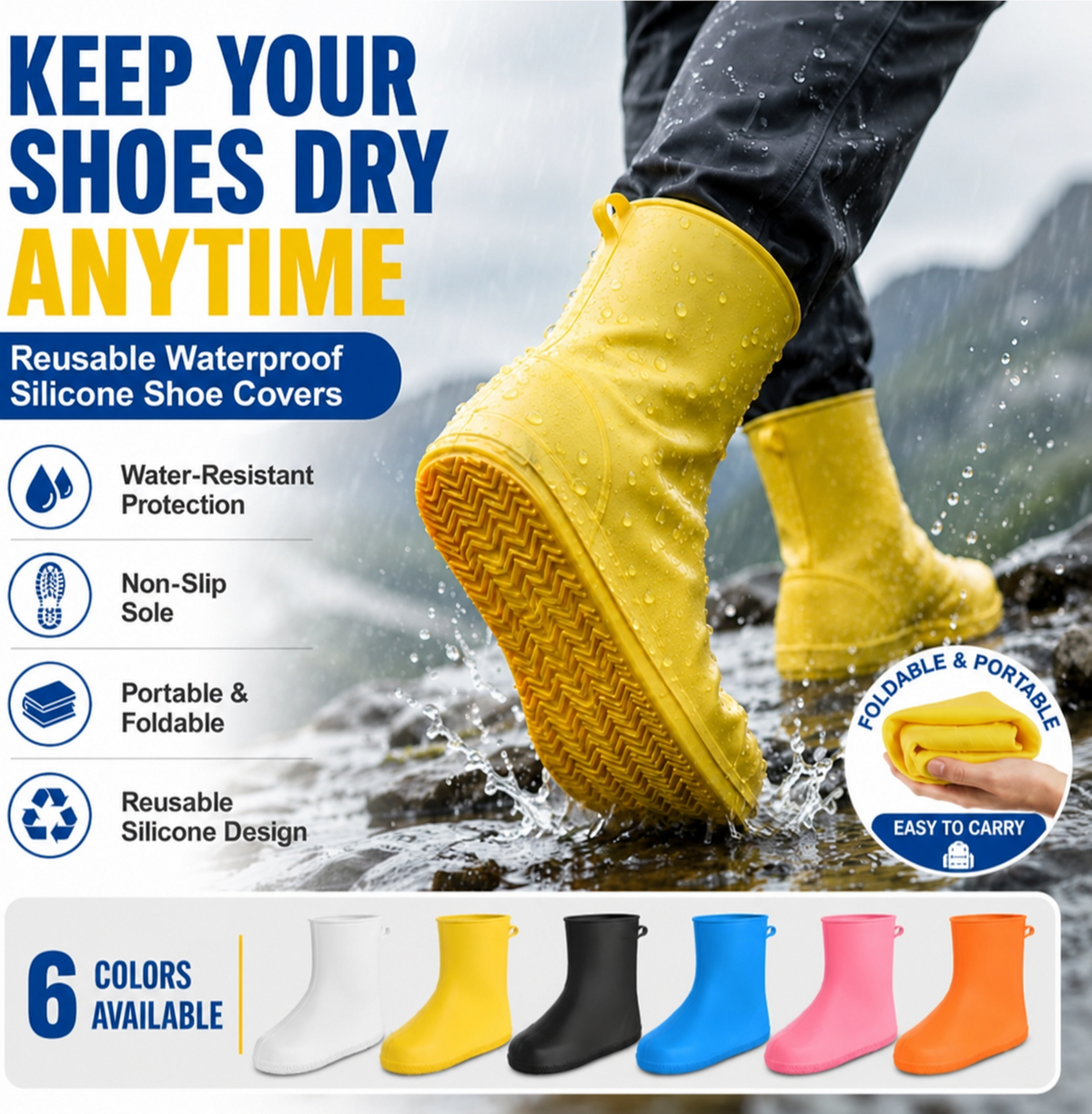 Waterproof foldable shoe covers protecting shoes from rain