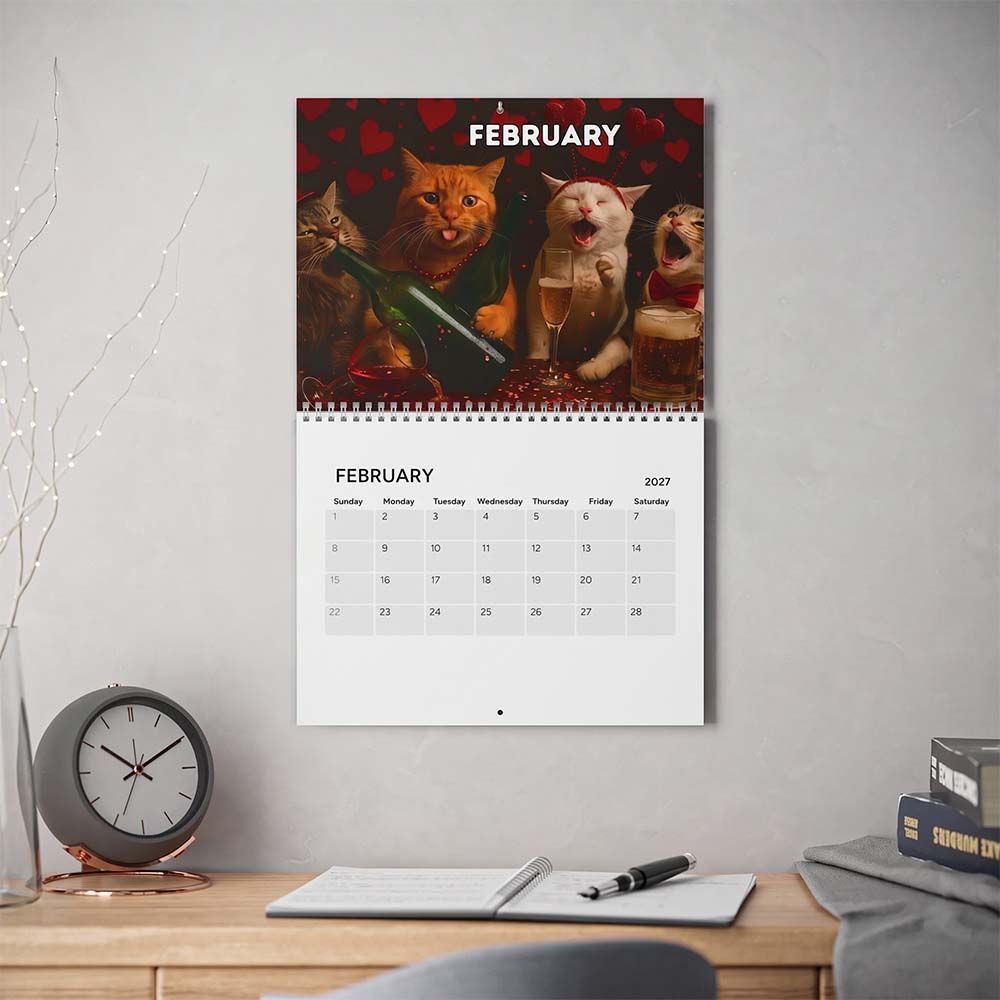 Drunk Cats 2027 Calendar hanging on an office wall