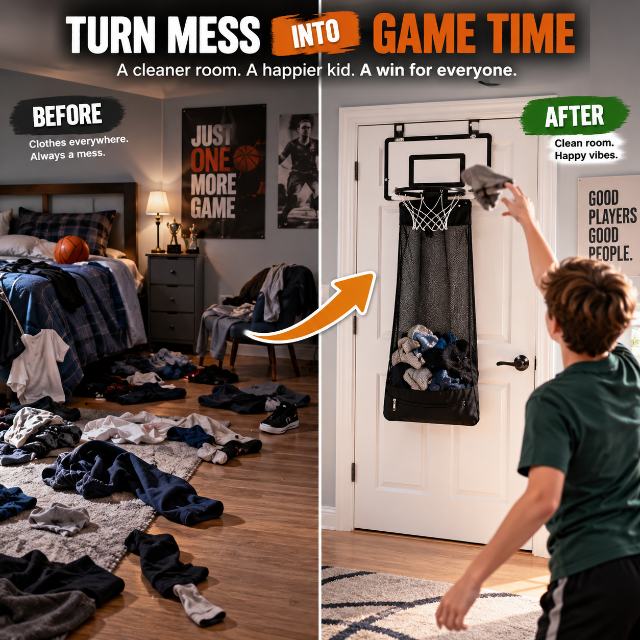 HoopDrop basketball laundry hoop before and after
