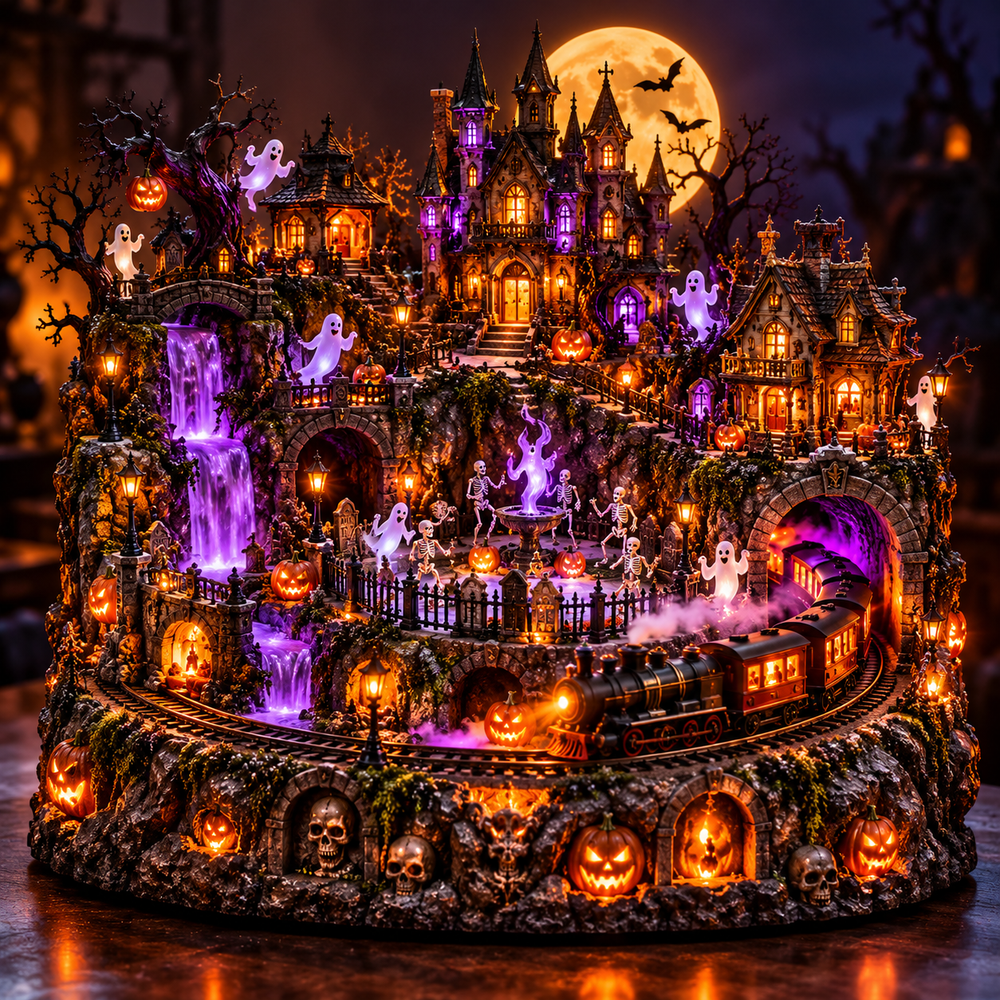 Haunted Ghost Train Village Light featuring spooky train, Gothic castle, ghostly waterfall, pumpkins and illuminated cemetery