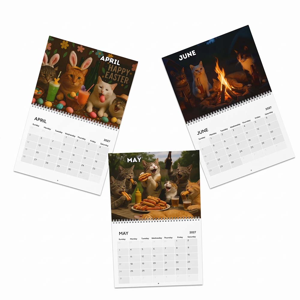 April May and June Drunk Cats calendar pages