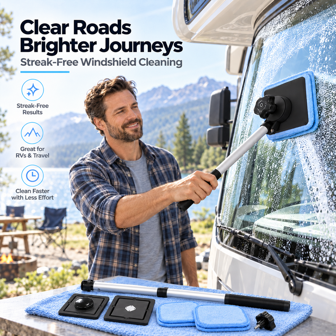 Windshield cleaning tool reaching lower dashboard edge