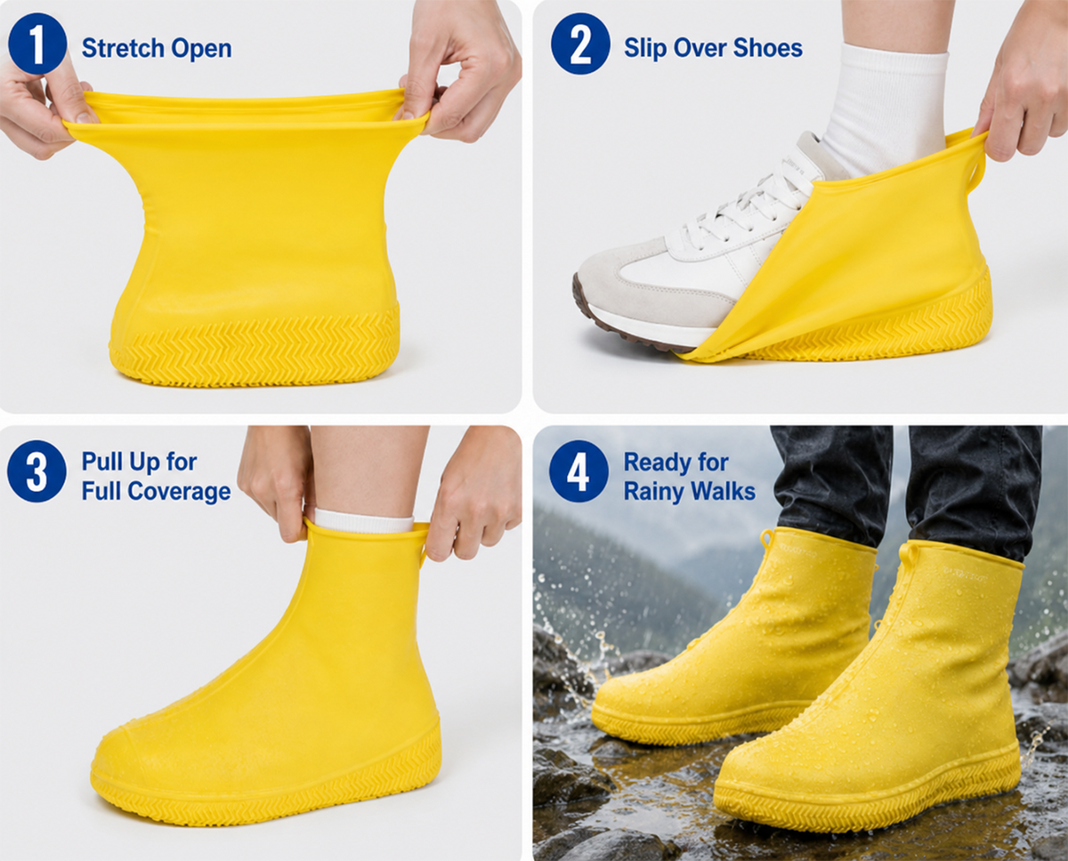 Four steps showing how to put on waterproof shoe covers