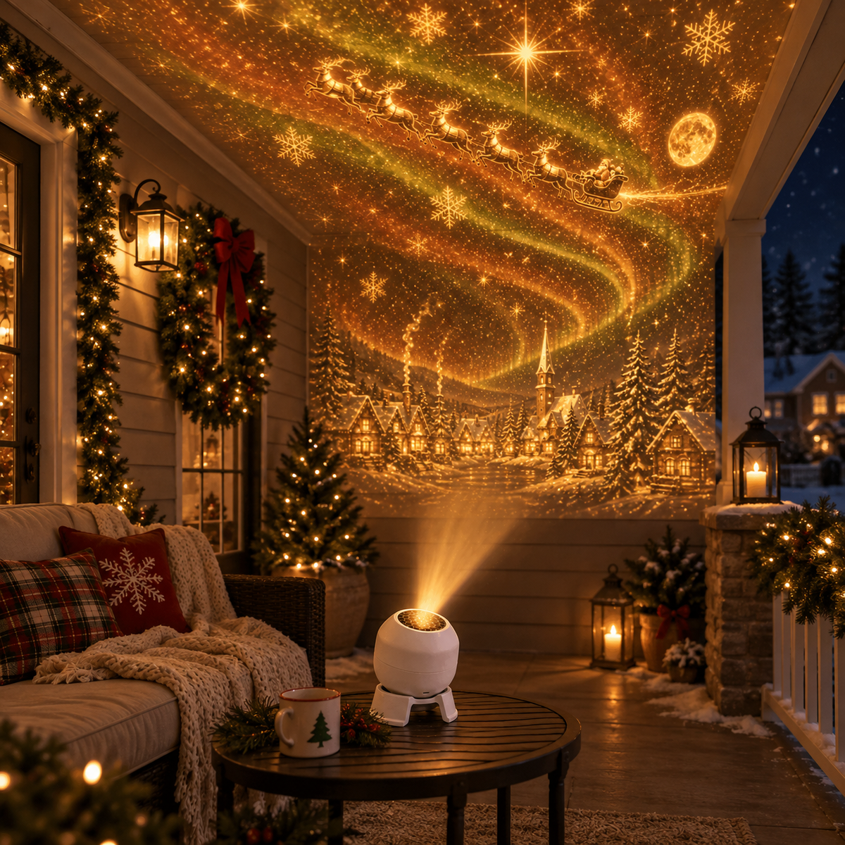NoelGlow Christmas projector creating a glowing Christmas scene on a decorated porch