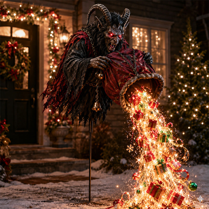 Krampus Christmas Gift Cascade Garden Light in snowy yard