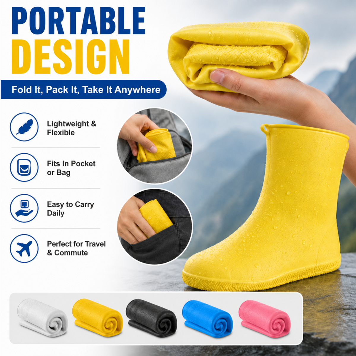 Foldable waterproof shoe covers packed into a small space