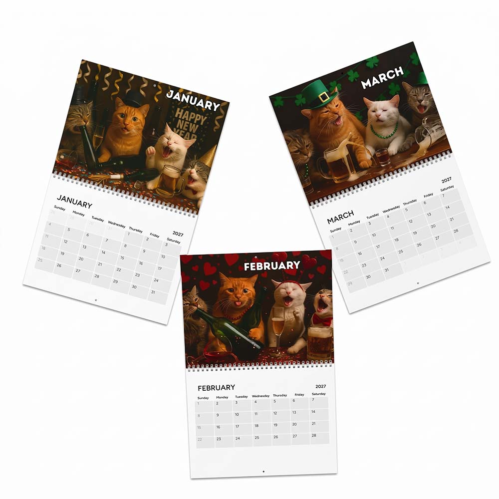 January February and March Drunk Cats 2027 calendar pages