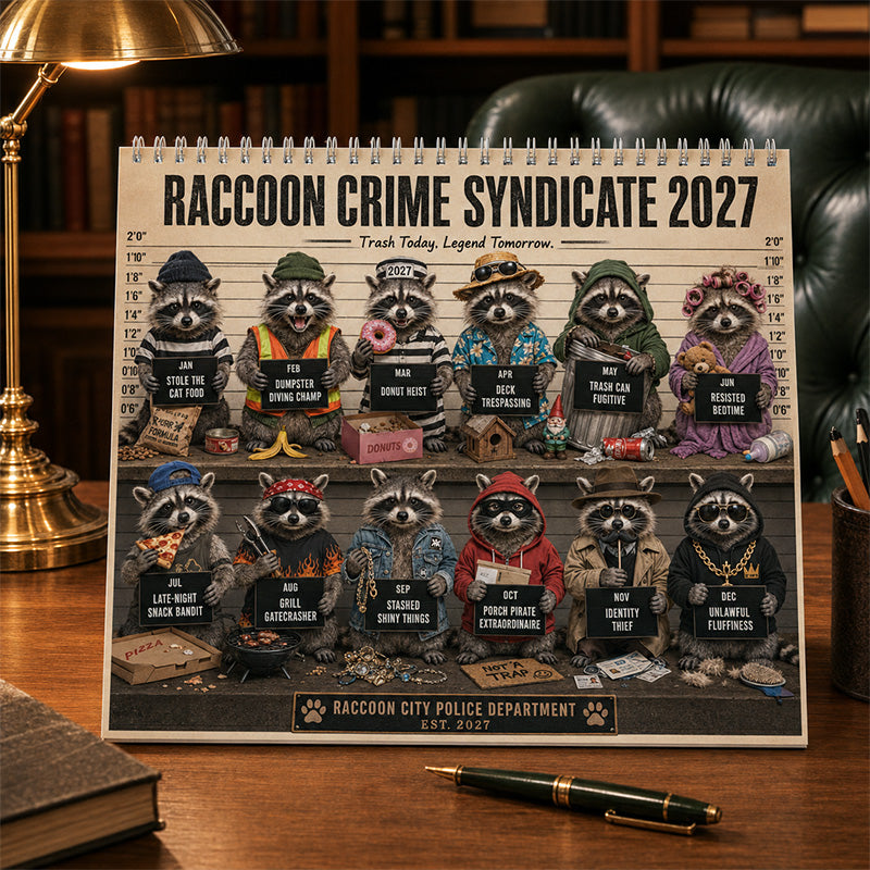 Raccoon Crime Syndicate mugshot style calendar design
