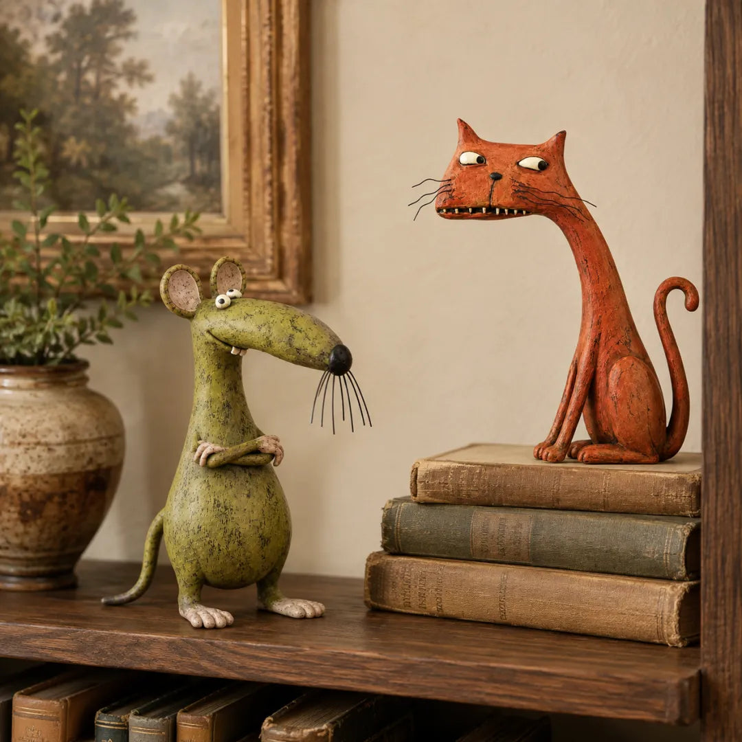 The Odd Couple™ Vintage Cat & Mouse Figurines – Quirky Rustic Home Decor