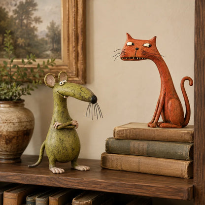 The Odd Couple™ Vintage Cat & Mouse Figurines – Quirky Rustic Home Decor
