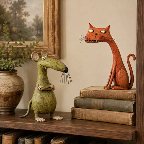 The Odd Couple™ Vintage Cat & Mouse Figurines – Quirky Rustic Home Decor