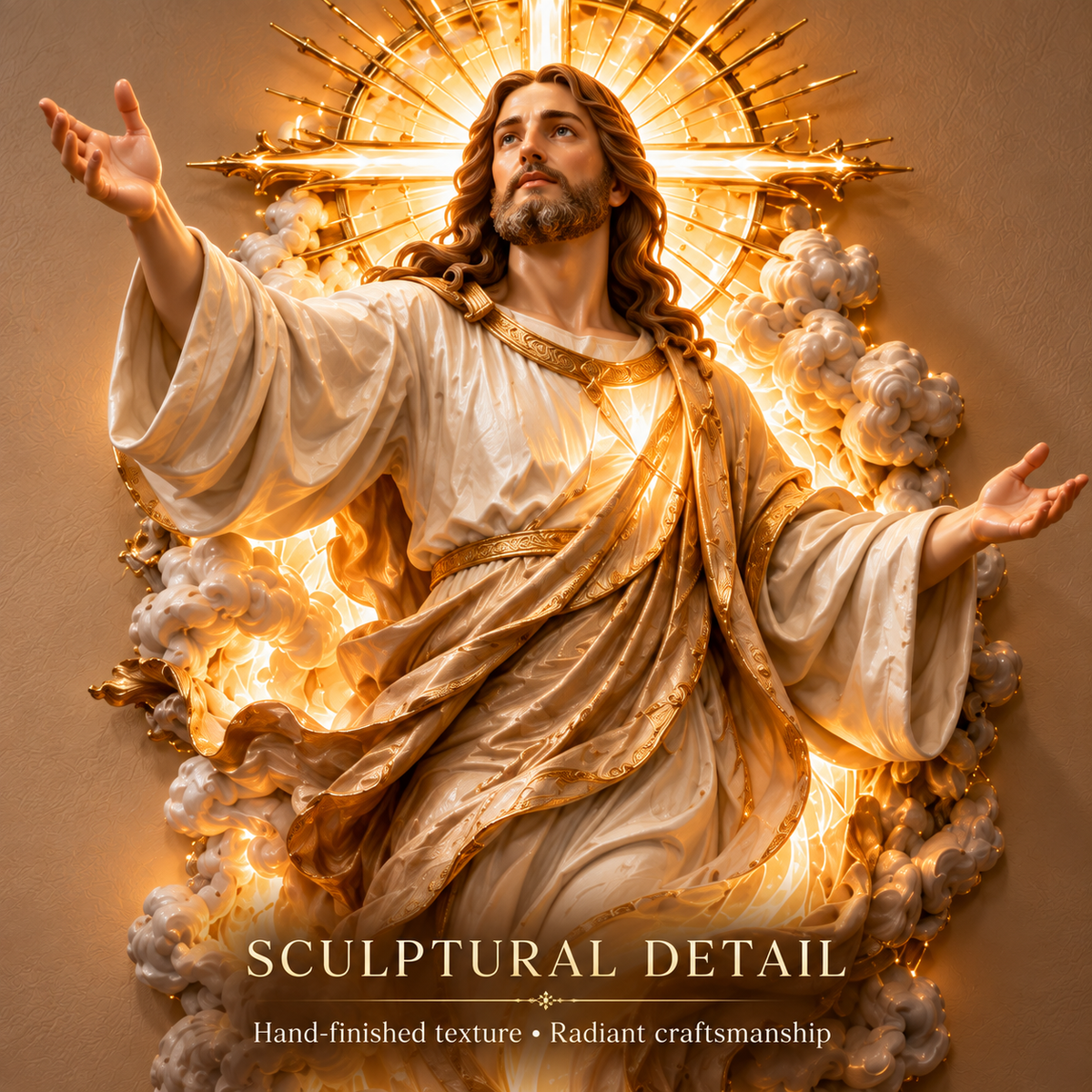 Close-up sculptural details of Jesus wall decor