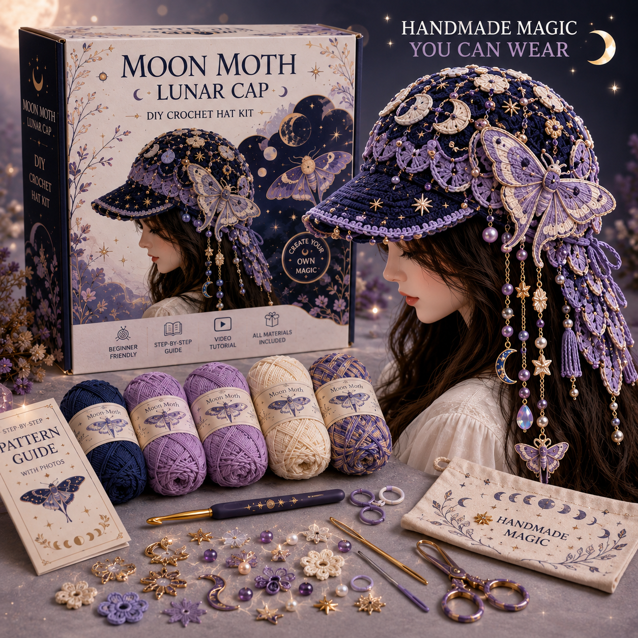 🧶 Botanical Dream Crochet Caps — 5-Style Handmade DIY Crochet Hat Kit
