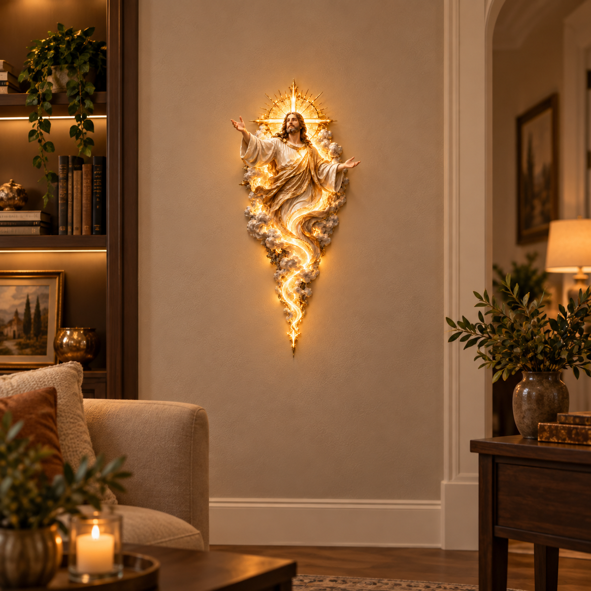 Smaller Jesus wall sculpture displayed in an elegant living room