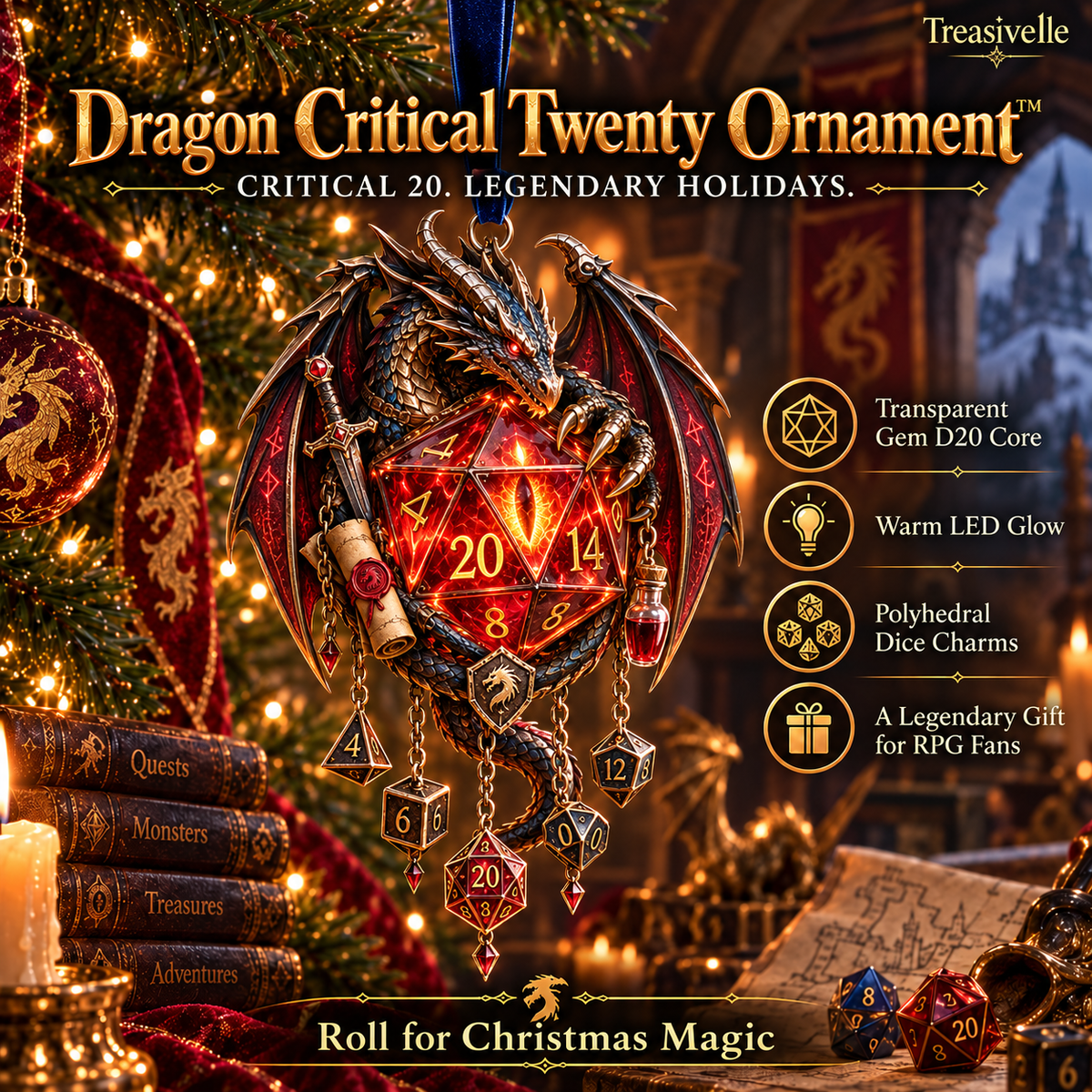 🐉🎲 Dragon Critical Twenty Ornament™ – Lighted D20 Fantasy Christmas Decor